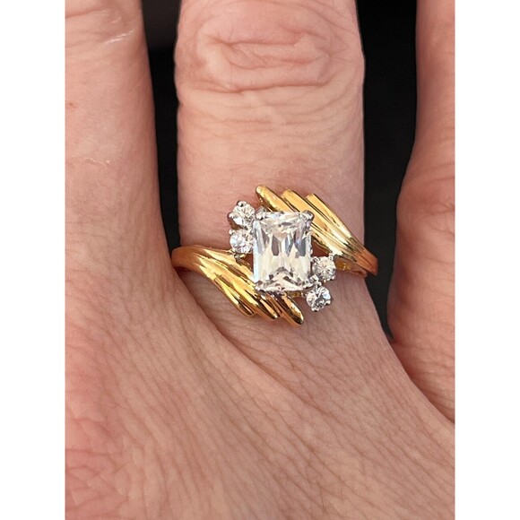 Vintage Ring Size 5 Cubic Zirconia Solitaire 14K Gold Plate Mid-Century MCM 14R - Picture 11 of 12